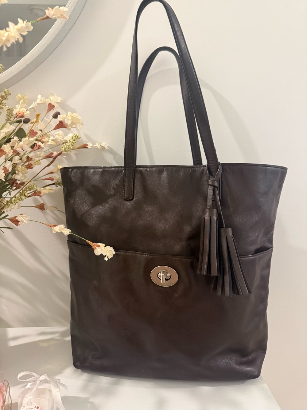 Coach Classic Dark Brown Leather Tote with Tassel Accent